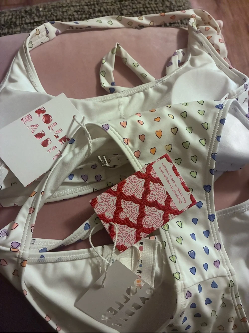 Roller Rabbit White Bandeau Bikini with Multicolor Pastel Heart Print